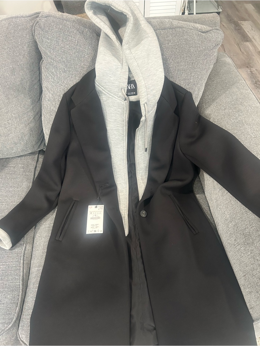 Zara Black Trench Coat with Light Gray Hooded Insert